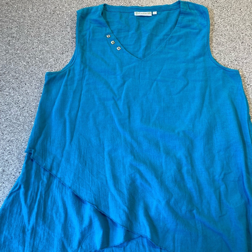 Lula B sleeveless v-neck summer top with fluttery hem. 100% Cotton Teal Blue